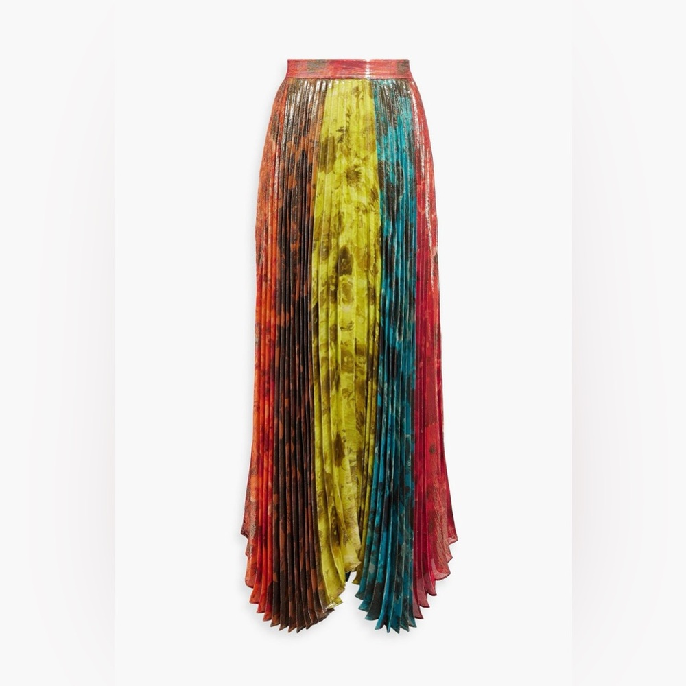 Alice & Olivia Katz pleated metallic floral-print chiffon maxi skirt size 2